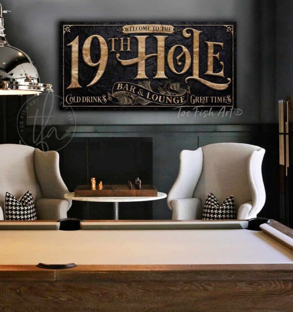 19th Hole Bar and Lounge Personalized Name Golf Player Sport Enthusiast Sign handmade by ToeFishArt. Original, custom, personalized wall decor signs. Canvas, Wood or Metal. Rustic modern farmhouse, cottagecore, vintage, retro, industrial, Americana, primitive, country, coastal, minimalist.