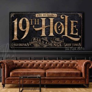 19th Hole Bar and Lounge Personalized Name Golf Player Sport Enthusiast Sign handmade by ToeFishArt. Original, custom, personalized wall decor signs. Canvas, Wood or Metal. Rustic modern farmhouse, cottagecore, vintage, retro, industrial, Americana, primitive, country, coastal, minimalist.