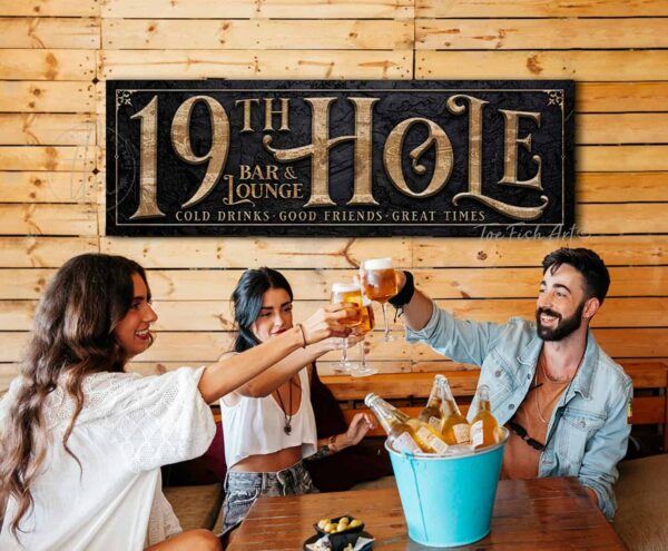 19th Hole Bar and Lounge Personalized Option Golf Player Sport Enthusiast Sign handmade by ToeFishArt. Original, custom, personalized wall decor signs. Canvas, Wood or Metal. Rustic modern farmhouse, cottagecore, vintage, retro, industrial, Americana, primitive, country, coastal, minimalist.