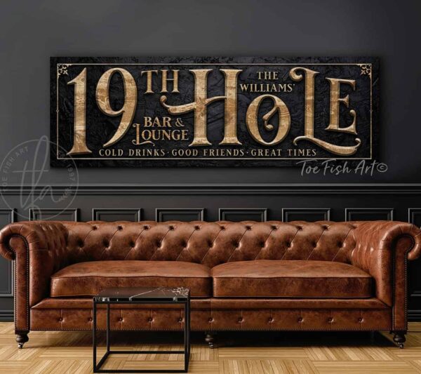 19th Hole Bar and Lounge Personalized Option Golf Player Sport Enthusiast Sign handmade by ToeFishArt. Original, custom, personalized wall decor signs. Canvas, Wood or Metal. Rustic modern farmhouse, cottagecore, vintage, retro, industrial, Americana, primitive, country, coastal, minimalist.