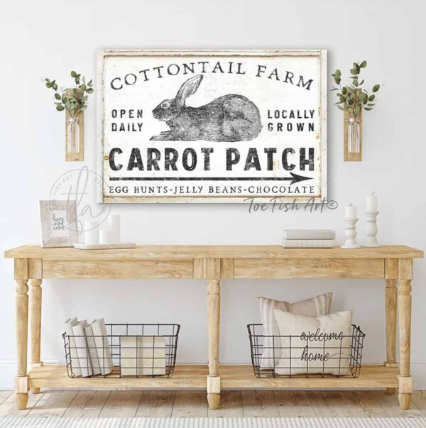 Carrot Patch Bunny Cottontail Farm Sign, Easter Spring Decor handmade by ToeFishArt. Original, custom, personalized wall decor signs. Canvas, Wood or Metal. Rustic modern farmhouse, cottagecore, vintage, retro, industrial, Americana, primitive, country, coastal, minimalist.