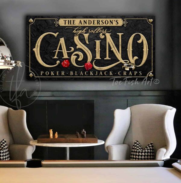 Casino High Rollers Personalized Sign Poker Room Customized Art ToeFishArt handmade by ToeFishArt. Original, custom, personalized wall decor signs. Canvas, Wood or Metal. Rustic modern farmhouse, cottagecore, vintage, retro, industrial, Americana, primitive, country, coastal, minimalist.