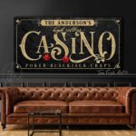 Casino High Rollers Personalized Sign Poker Room Customized Art ToeFishArt handmade by ToeFishArt. Original, custom, personalized wall decor signs. Canvas, Wood or Metal. Rustic modern farmhouse, cottagecore, vintage, retro, industrial, Americana, primitive, country, coastal, minimalist.