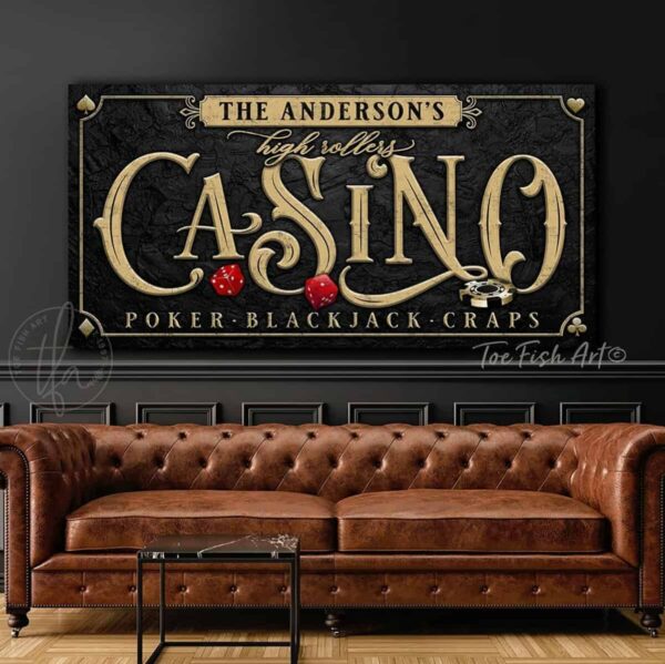 Casino High Rollers Personalized Sign Poker Room Customized Art ToeFishArt handmade by ToeFishArt. Original, custom, personalized wall decor signs. Canvas, Wood or Metal. Rustic modern farmhouse, cottagecore, vintage, retro, industrial, Americana, primitive, country, coastal, minimalist.