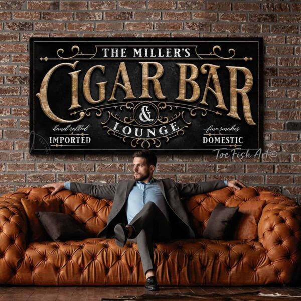 Cigar Bar & Lounge Sign with Personalized Name, Custom Man Cave Décor handmade by ToeFishArt. Original, custom, personalized wall decor signs. Canvas, Wood or Metal. Rustic modern farmhouse, cottagecore, vintage, retro, industrial, Americana, primitive, country, coastal, minimalist.