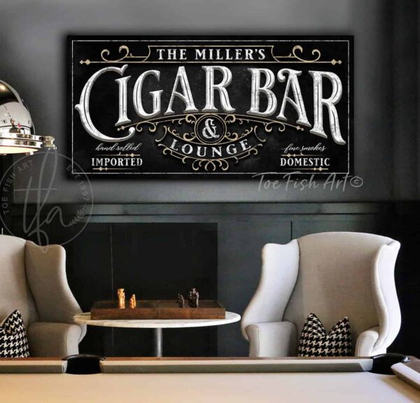 Cigar Bar & Lounge Sign with Personalized Name, Custom Man Cave Décor handmade by ToeFishArt. Original, custom, personalized wall decor signs. Canvas, Wood or Metal. Rustic modern farmhouse, cottagecore, vintage, retro, industrial, Americana, primitive, country, coastal, minimalist.