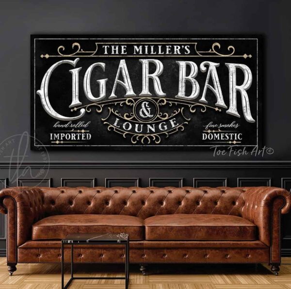 Cigar Bar & Lounge Sign with Personalized Name, Custom Man Cave Décor handmade by ToeFishArt. Original, custom, personalized wall decor signs. Canvas, Wood or Metal. Rustic modern farmhouse, cottagecore, vintage, retro, industrial, Americana, primitive, country, coastal, minimalist.