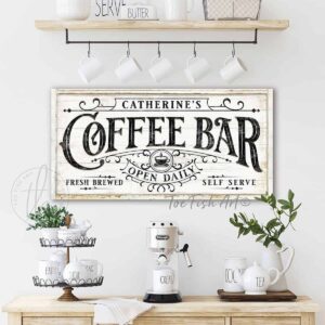 Coffee Bar Sign with Personalized Family Name, Fresh Brewed Self Serve Open Daily, Coastal Farmhouse Style Wall Décor handmade by ToeFishArt. Original, custom, personalized wall decor signs. Canvas, Wood or Metal. Rustic modern farmhouse, cottagecore, vintage, retro, industrial, Americana, primitive, country, coastal, minimalist.