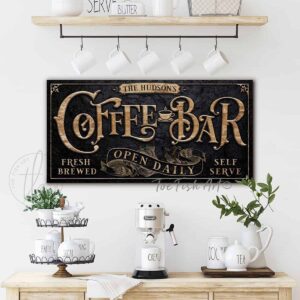 Coffee Bar Sign with Personalized Family Name, Fresh Brewed Self Serve Open Daily, Elegant, Decorative, Vintage Wall Art handmade by ToeFishArt. Original, custom, personalized wall decor signs. Canvas, Wood or Metal. Rustic modern farmhouse, cottagecore, vintage, retro, industrial, Americana, primitive, country, coastal, minimalist.