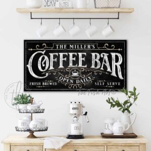 Coffee Bar Sign with Personalized Family Name, Fresh Brewed Self Serve Open Daily, Roaring 1920s Vintage Gatsby Style Wall Décor handmade by ToeFishArt. Original, custom, personalized wall decor signs. Canvas, Wood or Metal. Rustic modern farmhouse, cottagecore, vintage, retro, industrial, Americana, primitive, country, coastal, minimalist.