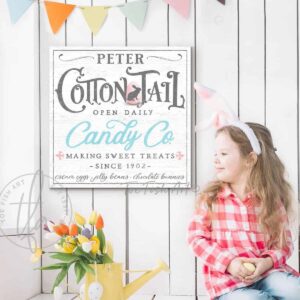 Cottontail Candy Company Sign, Spring Easter Decoration, Pastel Colors handmade by ToeFishArt. Original, custom, personalized wall decor signs. Canvas, Wood or Metal. Rustic modern farmhouse, cottagecore, vintage, retro, industrial, Americana, primitive, country, coastal, minimalist.
