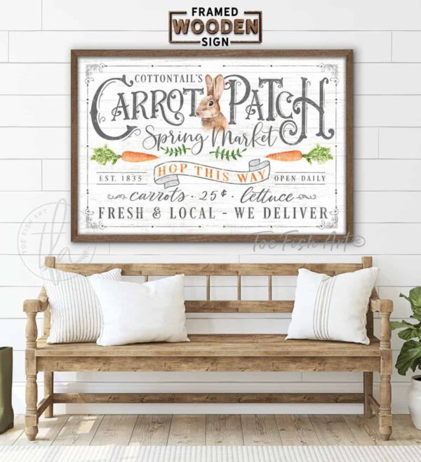 Cottontail’s Carrot Patch Spring Market Sign with Personalized Options, Spring Easter Decor, Framed Hardwood Shiplap handmade by ToeFishArt. Original, custom, personalized wall decor signs. Canvas, Wood or Metal. Rustic modern farmhouse, cottagecore, vintage, retro, industrial, Americana, primitive, country, coastal, minimalist.