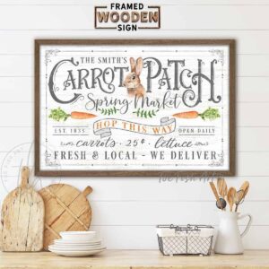 Cottontail’s Carrot Patch Spring Market Sign with Personalized Options, Spring Easter Decor, Framed Hardwood Shiplap handmade by ToeFishArt. Original, custom, personalized wall decor signs. Canvas, Wood or Metal. Rustic modern farmhouse, cottagecore, vintage, retro, industrial, Americana, primitive, country, coastal, minimalist.