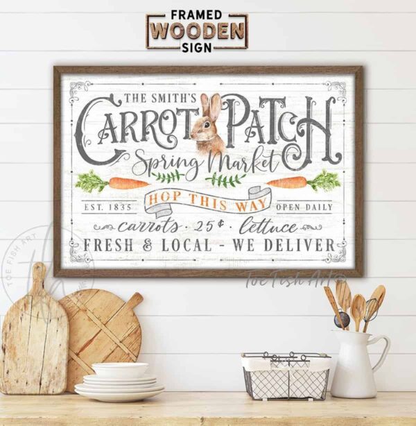 Cottontail’s Carrot Patch Spring Market Sign with Personalized Options, Spring Easter Decor, Framed Hardwood Shiplap handmade by ToeFishArt. Original, custom, personalized wall decor signs. Canvas, Wood or Metal. Rustic modern farmhouse, cottagecore, vintage, retro, industrial, Americana, primitive, country, coastal, minimalist.