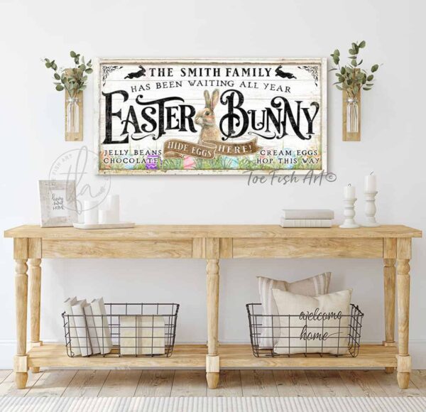 Easter Decoration Personalized Kids Names Family Name Sign, Easter Bunny Hide Eggs Here! handmade by ToeFishArt. Original, custom, personalized wall decor signs. Canvas, Wood or Metal. Rustic modern farmhouse, cottagecore, vintage, retro, industrial, Americana, primitive, country, coastal, minimalist.