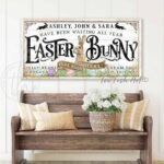 Easter Decoration Personalized Kids Names Family Name Sign, Easter Bunny Hide Eggs Here! handmade by ToeFishArt. Original, custom, personalized wall decor signs. Canvas, Wood or Metal. Rustic modern farmhouse, cottagecore, vintage, retro, industrial, Americana, primitive, country, coastal, minimalist.