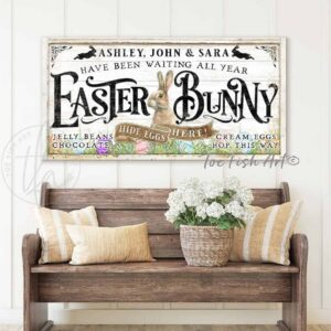 Easter Decoration Personalized Kids Names Family Name Sign, Easter Bunny Hide Eggs Here! handmade by ToeFishArt. Original, custom, personalized wall decor signs. Canvas, Wood or Metal. Rustic modern farmhouse, cottagecore, vintage, retro, industrial, Americana, primitive, country, coastal, minimalist.