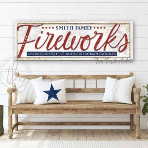 Fireworks Decoration Personalized Family Name Sign, 4th of July Patriotic Independence Day Wall Art handmade by ToeFishArt. Original, custom, personalized wall decor signs. Canvas, Wood or Metal. Rustic modern farmhouse, cottagecore, vintage, retro, industrial, Americana, primitive, country, coastal, minimalist.