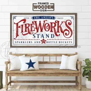 Fireworks Stand Personalized Sign, 4th of July Patriotic Independence Day Decoration, Framed Hardwood Shiplap handmade by ToeFishArt. Original, custom, personalized wall decor signs. Canvas, Wood or Metal. Rustic modern farmhouse, cottagecore, vintage, retro, industrial, Americana, primitive, country, coastal, minimalist.