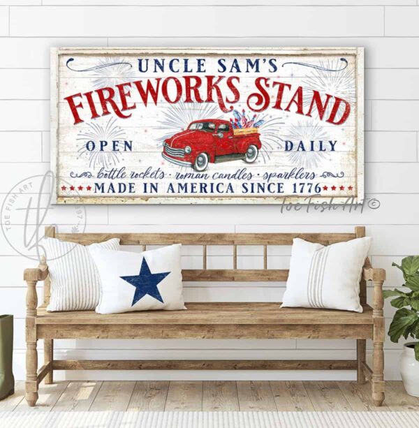 Fireworks Stand Personalized Sign, 4th of July Patriotic Independence Day Nostalgic Wall Hanging handmade by ToeFishArt. Original, custom, personalized wall decor signs. Canvas, Wood or Metal. Rustic modern farmhouse, cottagecore, vintage, retro, industrial, Americana, primitive, country, coastal, minimalist.