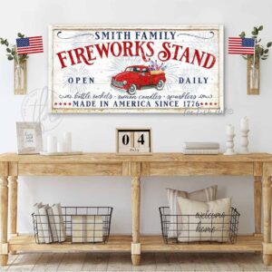 Fireworks Stand Personalized Sign, 4th of July Patriotic Independence Day Nostalgic Wall Hanging handmade by ToeFishArt. Original, custom, personalized wall decor signs. Canvas, Wood or Metal. Rustic modern farmhouse, cottagecore, vintage, retro, industrial, Americana, primitive, country, coastal, minimalist.