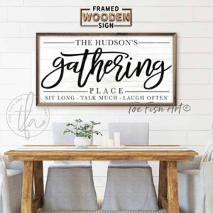 Gathering Place Personalized Sign, Sit Long Talk Much Laugh Often, Framed Hardwood Shiplap handmade by ToeFishArt. Original, custom, personalized wall decor signs. Canvas, Wood or Metal. Rustic modern farmhouse, cottagecore, vintage, retro, industrial, Americana, primitive, country, coastal, minimalist.