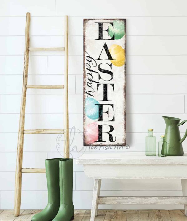 Happy Easter Sign, Easter Spring Decoration, Porch Leaner Canvas Sign for Covered Entryway, Foyer ToeFishArt handmade by ToeFishArt. Original, custom, personalized wall decor signs. Canvas, Wood or Metal. Rustic modern farmhouse, cottagecore, vintage, retro, industrial, Americana, primitive, country, coastal, minimalist.