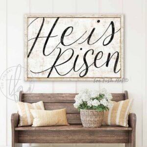 He is Risen Sign, Christian Easter Wall Decor handmade by ToeFishArt. Original, custom, personalized wall decor signs. Canvas, Wood or Metal. Rustic modern farmhouse, cottagecore, vintage, retro, industrial, Americana, primitive, country, coastal, minimalist.