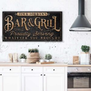 Personalized Bar & Grill Sign Backyard Patio Basement Man Cave Pool Deck Last Name Sign ToeFishArt handmade by ToeFishArt. Original, custom, personalized wall decor signs. Canvas, Wood or Metal. Rustic modern farmhouse, cottagecore, vintage, retro, industrial, Americana, primitive, country, coastal, minimalist.