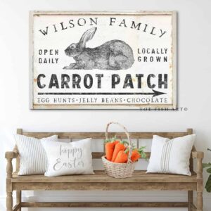 Personalized Carrot Patch Sign with Bunny handmade by ToeFishArt. Original, custom, personalized wall decor signs. Canvas, Wood or Metal. Rustic modern farmhouse, cottagecore, vintage, retro, industrial, Americana, primitive, country, coastal, minimalist.