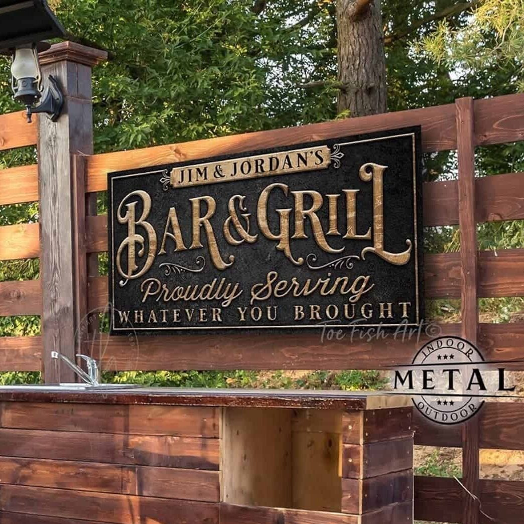 Personalized Metal Indoor-Outdoor Bar & Grill Sign Backyard Pool Patio Deck Porch Sign ToeFishArt handmade by ToeFishArt. Original, custom, personalized wall decor signs. Canvas, Wood or Metal. Rustic modern farmhouse, cottagecore, vintage, retro, industrial, Americana, primitive, country, coastal, minimalist.