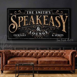 Speakeasy & Lounge Personalized Name Sign, Vintage Roaring 1920s Parisian Inspired Gatsby Style Wall Décor handmade by ToeFishArt. Original, custom, personalized wall decor signs. Canvas, Wood or Metal. Rustic modern farmhouse, cottagecore, vintage, retro, industrial, Americana, primitive, country, coastal, minimalist.