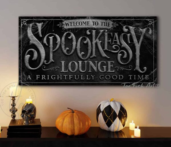 Spookeasy Lounge Personalized Halloween Decoration Sign with Custom Options handmade by ToeFishArt. Original, custom, personalized wall decor signs. Canvas, Wood or Metal. Rustic modern farmhouse, cottagecore, vintage, retro, industrial, Americana, primitive, country, coastal, minimalist.