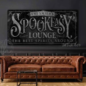 Spookeasy Lounge Personalized Halloween Decoration Sign with Custom Options handmade by ToeFishArt. Original, custom, personalized wall decor signs. Canvas, Wood or Metal. Rustic modern farmhouse, cottagecore, vintage, retro, industrial, Americana, primitive, country, coastal, minimalist.