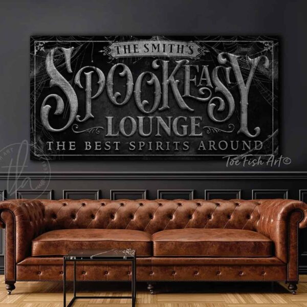 Spookeasy Lounge Personalized Halloween Decoration Sign with Custom Options handmade by ToeFishArt. Original, custom, personalized wall decor signs. Canvas, Wood or Metal. Rustic modern farmhouse, cottagecore, vintage, retro, industrial, Americana, primitive, country, coastal, minimalist.