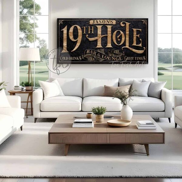 Toe Fish Art's custom 19th Hole Bar & Lounge Canvas or Outdoor Metal Personalized Golf Sign handcrafted to-order in the USA and customized for you in Framed Canvas or Outdoor Waterproof Metal. Personalized gift decor with your last name, personal names, favorite saying or welcoming phrase. Swanky and stylish vibrant colors to enhance your bar & lounge, game room pub, outdoor bar & grill decor - Vintage Slate Black with Rustic Gold or Woodgrain tan Lettering. Custom options available upon request. This is the perfect piece for your pub bar area or outdoor hangout space! This special sign is great for gifting to anyone who enjoys golfing and entertaining after a round of golf, or anyone who lives in a golf course community! This decor is perfect for your patio, deck, lanai, outdoor kitchen & bar area, game room, bar & lounge or favorite entertaining space inside or outside! Handmade to-order in the USA by American small family woman-owned company ToeFishArt, doing business since 1997. Personalized Canvas or Outdoor Exterior Commercial-Grade Metal Sign handmade in the USA and built to last a lifetime by Toe Fish Art. Add your personal name, established date, or catch phrase to this beautiful artwork for unique, eye-catching appeal indoors or for your outdoor party space. Color options available too! Thousands of five star reviews! Featured in Better Homes & Gardens, Cottages & Bungalows, and Farmhouse Style magazines. We make original, custom, personalized wall decor signs and wall art. Handcrafted in your choice of canvas, framed canvas, shiplap hardwood or outdoor metal. Choose from rustic, modern cottage farmhouse, cottagecore, vintage, retro, industrial, Americana, primitive, country, coastal and minimalist contemporary styles. Toe Fish Art is a USA small family woman owned business making beautiful decor since 1997.