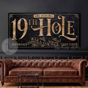 Toe Fish Art's custom 19th Hole Bar & Lounge Canvas or Outdoor Metal Personalized Golf Sign handcrafted to-order in the USA and customized for you in Framed Canvas or Outdoor Waterproof Metal. Personalized gift decor with your last name, personal names, favorite saying or welcoming phrase. Swanky and stylish vibrant colors to enhance your bar & lounge, game room pub, outdoor bar & grill decor - Vintage Slate Black with Rustic Gold or Woodgrain tan Lettering. Custom options available upon request. This is the perfect piece for your pub bar area or outdoor hangout space! This special sign is great for gifting to anyone who enjoys golfing and entertaining after a round of golf, or anyone who lives in a golf course community! This decor is perfect for your patio, deck, lanai, outdoor kitchen & bar area, game room, bar & lounge or favorite entertaining space inside or outside! Handmade to-order in the USA by American small family woman-owned company ToeFishArt, doing business since 1997. Personalized Canvas or Outdoor Exterior Commercial-Grade Metal Sign handmade in the USA and built to last a lifetime by Toe Fish Art. Add your personal name, established date, or catch phrase to this beautiful artwork for unique, eye-catching appeal indoors or for your outdoor party space. Color options available too! Thousands of five star reviews! Featured in Better Homes & Gardens, Cottages & Bungalows, and Farmhouse Style magazines. We make original, custom, personalized wall decor signs and wall art. Handcrafted in your choice of canvas, framed canvas, shiplap hardwood or outdoor metal. Choose from rustic, modern cottage farmhouse, cottagecore, vintage, retro, industrial, Americana, primitive, country, coastal and minimalist contemporary styles. Toe Fish Art is a USA small family woman owned business making beautiful decor since 1997.