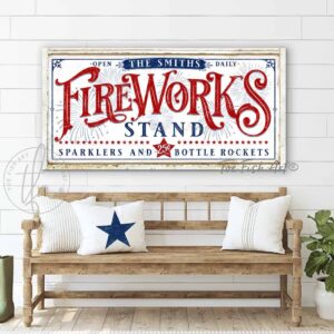 Fireworks Stand Personalized Sign, 4th of July Patriotic Independence Day Decoration handmade by ToeFishArt. Original, custom, personalized wall decor signs. Canvas, Wood or Metal. Rustic modern farmhouse, cottagecore, vintage, retro, industrial, Americana, primitive, country, coastal, minimalist.