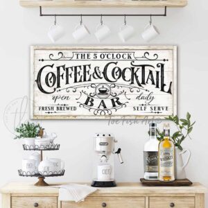 Custom Coffee & Cocktail Bar Personalized sign handmade by ToeFishArt. Original, custom, personalized wall decor signs. Canvas, Wood or Metal. Rustic modern farmhouse, cottagecore, vintage, retro, industrial, Americana, primitive, country, coastal, minimalist.