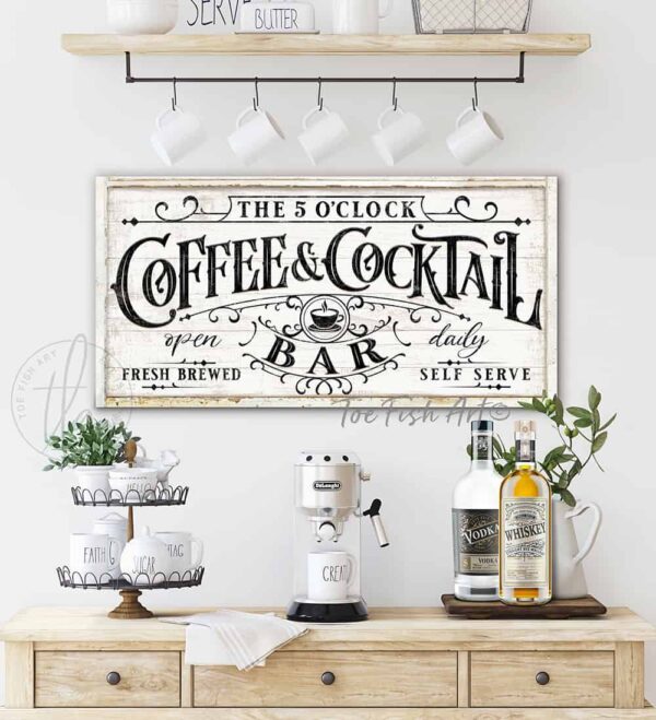 Custom Coffee & Cocktail Bar Personalized sign handmade by ToeFishArt. Original, custom, personalized wall decor signs. Canvas, Wood or Metal. Rustic modern farmhouse, cottagecore, vintage, retro, industrial, Americana, primitive, country, coastal, minimalist.