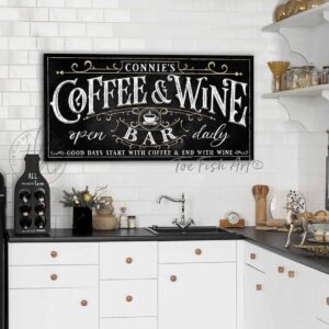 Custom Coffee & Wine Bar Personalized sign handmade by ToeFishArt. Original, custom, personalized wall decor signs. Canvas, Wood or Metal. Rustic modern farmhouse, cottagecore, vintage, retro, industrial, Americana, primitive, country, coastal, minimalist.