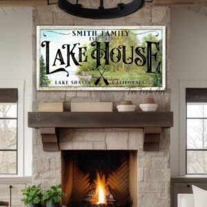 Custom Personalized Lake House Nostalgic Scenery Artwork sign handmade by ToeFishArt. Original, custom, personalized wall decor signs. Canvas, Wood or Metal. Rustic modern farmhouse, cottagecore, vintage, retro, industrial, Americana, primitive, country, coastal, minimalist.