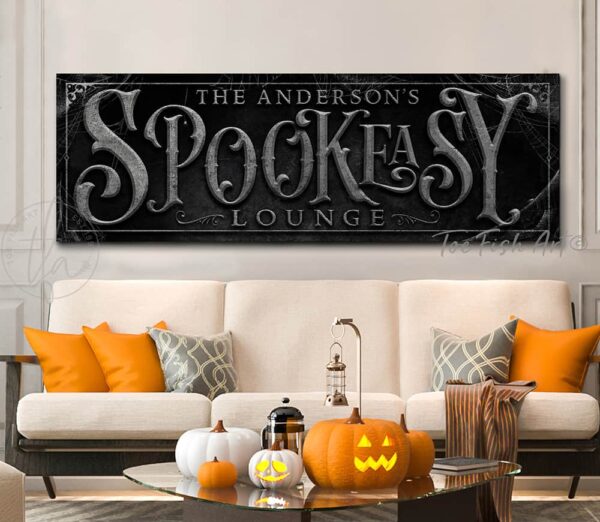 Spookeasy Custom Personalized Halloween Decoration sign handmade by ToeFishArt. Original, custom, personalized wall decor signs. Canvas, Wood or Metal. Rustic modern farmhouse, cottagecore, vintage, retro, industrial, Americana, primitive, country, coastal, minimalist.