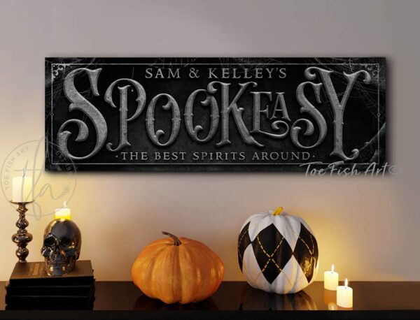 Spookeasy Custom Personalized Halloween Decoration handmade by ToeFishArt. Original, custom, personalized wall decor signs. Canvas, Wood or Metal. Rustic modern farmhouse, cottagecore, vintage, retro, industrial, Americana, primitive, country, coastal, minimalist.