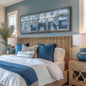 ToeFishArt Better to Wake at the Lake rustic coastal farmhouse sign, in beautiful vintage blues, handmade by ToeFishArt. Original, custom, personalized wall decor signs. Canvas, Wood or Metal. Rustic modern farmhouse, cottagecore, vintage, retro, industrial, Americana, primitive, country, coastal, minimalist.