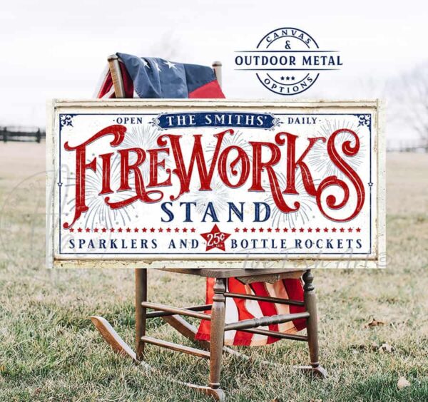 Toe Fish Art Fireworks Stand Canvas or Outdoor Metal Personalize-able 4th of July Decoration, Vintage White style sign, Patriotic Red White and Blue design, vintage Independence Day sign handmade by ToeFishArt. Outdoor Exterior Commercial-Grade durable Metal Sign handmade in the USA and built to last a lifetime by the Toe Fish Art family artisans. Add your custom Name to this beautiful original artwork for unique eye-catching decor indoors or outdoors. Adds great outdoor curb appeal for your Fourth of July fireworks celebrations! Original, custom, personalized wall decor signs. Canvas, Wood or Metal. Rustic modern farmhouse, cottagecore, vintage, retro, industrial, Americana, primitive, country, coastal, minimalist.