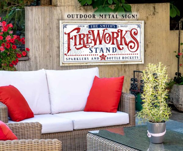 Toe Fish Art Fireworks Stand Canvas or Outdoor Metal Personalize-able 4th of July Decoration, Vintage White style sign, Patriotic Red White and Blue design, vintage Independence Day sign handmade by ToeFishArt. Outdoor Exterior Commercial-Grade durable Metal Sign handmade in the USA and built to last a lifetime by the Toe Fish Art family artisans. Add your custom Name to this beautiful original artwork for unique eye-catching decor indoors or outdoors. Adds great outdoor curb appeal for your Fourth of July fireworks celebrations! Original, custom, personalized wall decor signs. Canvas, Wood or Metal. Rustic modern farmhouse, cottagecore, vintage, retro, industrial, Americana, primitive, country, coastal, minimalist.