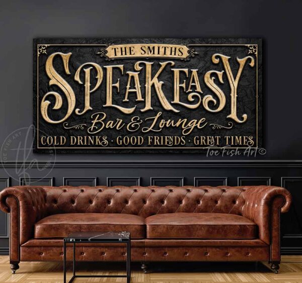 Speakeasy Bar & Lounge Canvas or Metal Personalize-able wall decor sign handmade by ToeFishArt. Original, custom, personalized wall decor signs. Canvas, Wood or Metal. Rustic modern farmhouse, cottagecore, vintage, retro, industrial, Americana, primitive, country, coastal, minimalist.