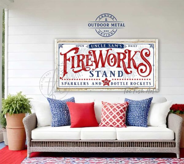 Toe Fish Art Fireworks Stand Canvas or Outdoor Metal Personalize-able 4th of July Decoration, Vintage White style sign, Patriotic Red White and Blue design, vintage Independence Day sign handmade by ToeFishArt. Outdoor Exterior Commercial-Grade durable Metal Sign handmade in the USA and built to last a lifetime by the Toe Fish Art family artisans. Add your custom Name to this beautiful original artwork for unique eye-catching decor indoors or outdoors. Adds great outdoor curb appeal for your Fourth of July fireworks celebrations! Original, custom, personalized wall decor signs. Canvas, Wood or Metal. Rustic modern farmhouse, cottagecore, vintage, retro, industrial, Americana, primitive, country, coastal, minimalist.