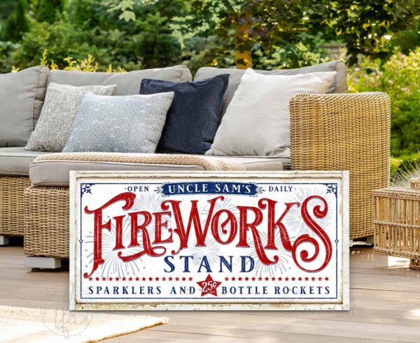 Toe Fish Art Fireworks Stand Canvas or Outdoor Metal Personalize-able 4th of July Decoration, Vintage White style sign, Patriotic Red White and Blue design, vintage Independence Day sign handmade by ToeFishArt. Outdoor Exterior Commercial-Grade durable Metal Sign handmade in the USA and built to last a lifetime by the Toe Fish Art family artisans. Add your custom Name to this beautiful original artwork for unique eye-catching decor indoors or outdoors. Adds great outdoor curb appeal for your Fourth of July fireworks celebrations! Original, custom, personalized wall decor signs. Canvas, Wood or Metal. Rustic modern farmhouse, cottagecore, vintage, retro, industrial, Americana, primitive, country, coastal, minimalist.